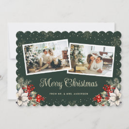 Tarjeta Festiva Newlywed 2 Photo Botanical Green Merry Christmas