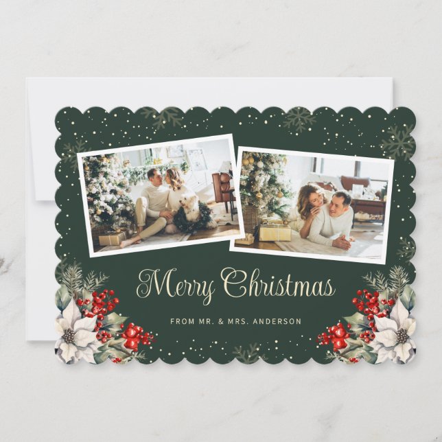 Tarjeta Festiva Newlywed 2 Photo Botanical Green Merry Christmas (Anverso)