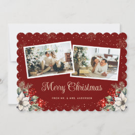 Tarjeta Festiva Newlywed 2 Photo Botanical Red Merry Christmas