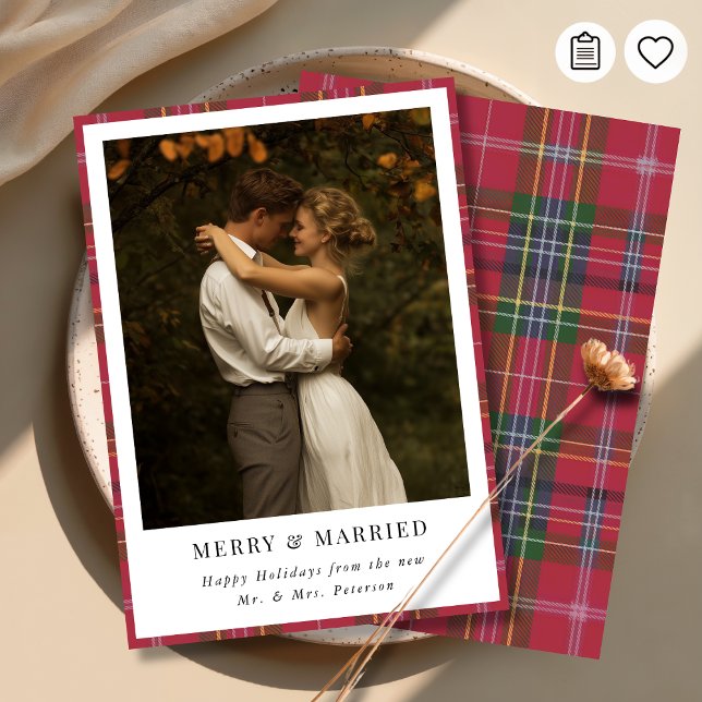 Tarjeta Festiva Newlywed Christmas Plaid Merry and Married Photo (Subido por el creador)