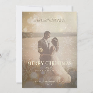 Tarjeta Festiva Newlyweds Custom Photo Elegant Golden Snowflake