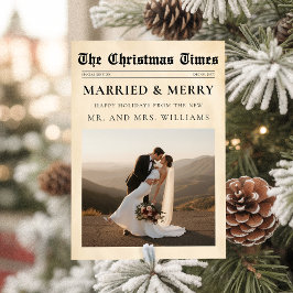 Tarjeta Festiva Newspaper Just Married & Merry Photo Christmas