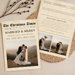 Tarjeta Festiva Newspaper Merry & Married Newlywed Photo Christmas
