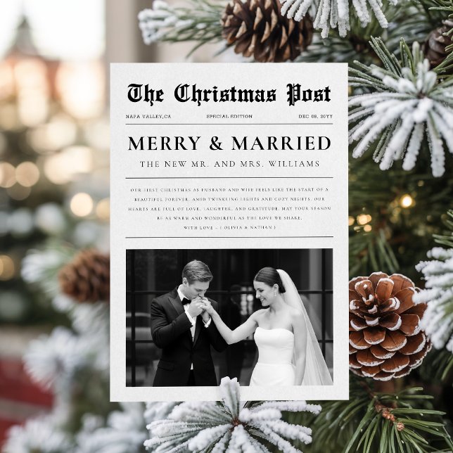 Tarjeta Festiva Newspaper Newlywed Black & White Photo Christmas (Subido por el creador)