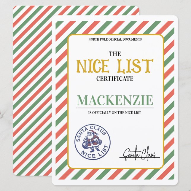 Tarjeta Festiva Nice List Certificate Signed by Santa Personalized (Anverso / Reverso)