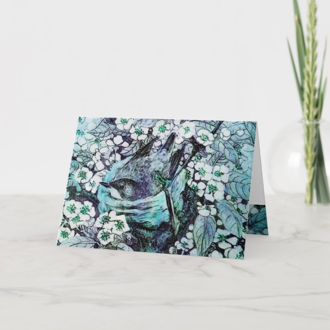 TARJETA FESTIVA NIDO DE AVES ,ÁRBOL CON FLORES DE PRIMAVERA AZUL B (Anverso)