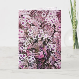 TARJETA FESTIVA NIDO DE PÁJARO, ÁRBOL CON FLORES ROJAS BLANCAS ROS