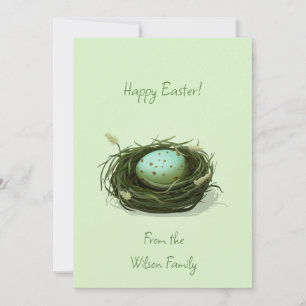 Tarjeta Festiva Nido de Pájaro con Huevo Moteado Azul Pascua Perso