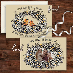 Tarjeta Festiva Nido de Pájaros de Estilo Vintage Crema Rústica Fo