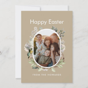 Tarjeta Festiva Nido de Pascua de Acuarela Botánica Suave Foto Fam