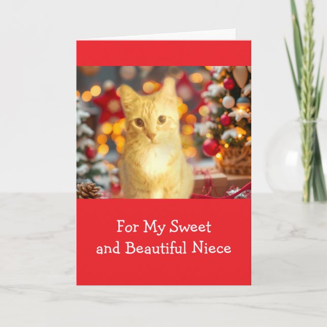 Tarjeta Festiva Niece Christmas with Cute Ginger Kitty (Anverso)