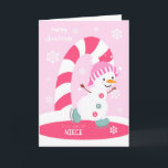 Tarjeta Festiva Niece Navidades en patinaje sobre hielo Snowman<br><div class="desc">Envíe a una sobrina especial una tarjeta divertida y festiva de Navidades rosados con un feliz hombre de nieve patinando hielo con un colorido bastón de caramelo y copos de nieve en un fondo rosa claro. Hombre de nieve,  cortesía de Bonito Grafik.</div>