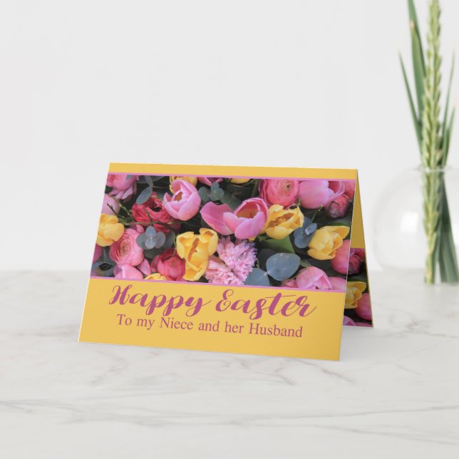Tarjeta Festiva Niece y marido Feliz Tulipano de Pascua (Anverso)
