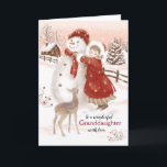 Tarjeta Festiva Nieta, ciervo observa Chica hacer Snowman<br><div class="desc">En esta tarjeta de Navidades de estilo vintage para la Nieta, he pintado una niña dulce atando una bufanda roja alrededor del cuello de un gran muñeco de nieve. Un lindo ciervo bebé mira. El chica lleva un vestido largo bajo un pesado abrigo rojo con un efecto de piel blanca...</div>