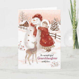 Tarjeta Festiva Nieta, ciervo observa Chica hacer Snowman