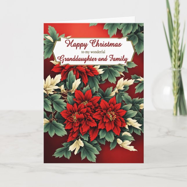 Tarjeta Festiva Nieta y Navidades familiares Poinsettias (Anverso)