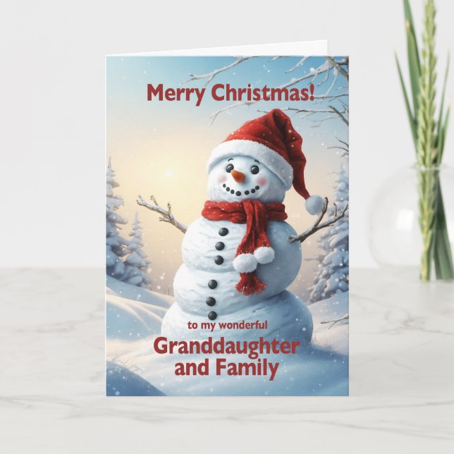 Tarjeta Festiva Nieta y Navidades familiares Snowman (Anverso)