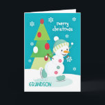 Tarjeta Festiva Nieto Navidades Snowman Patinaje sobre hielo<br><div class="desc">Una tarjeta de Navidades súper linda y colorida para un nieto joven con un adorable patinaje sobre hielo en un pequeño estanque y un colorido árbol de Navidad de tres niveles con copos de nieve salpicados en un fondo turquesa. Hombre de nieve,  cortesía de PrettyGrafik.</div>