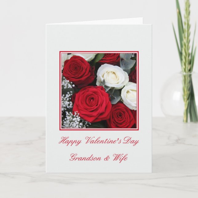 Tarjeta Festiva Nieto y esposa rosas rojos y blancos (Anverso)