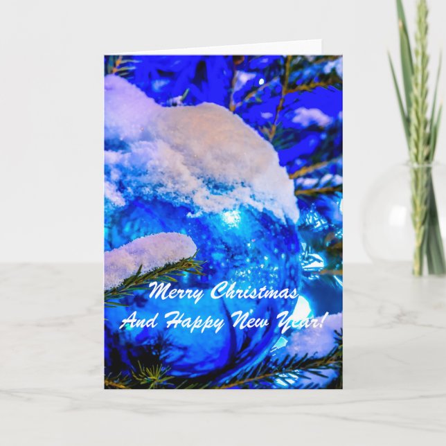 Tarjeta Festiva Nieve azul de bolas para navidades (Anverso)