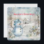 Tarjeta Festiva Nieve azul Pastel y escena de invierno de la vieja<br><div class="desc">Un delicado azul pastel se apodera de la escena del bosque invernal con un muñeco de nieve y una antigua iglesia en esta carta de Navidades que envía "Saludos de temporada". Personalizado en la parte posterior con su nombre un verso adecuado para las vacaciones.</div>