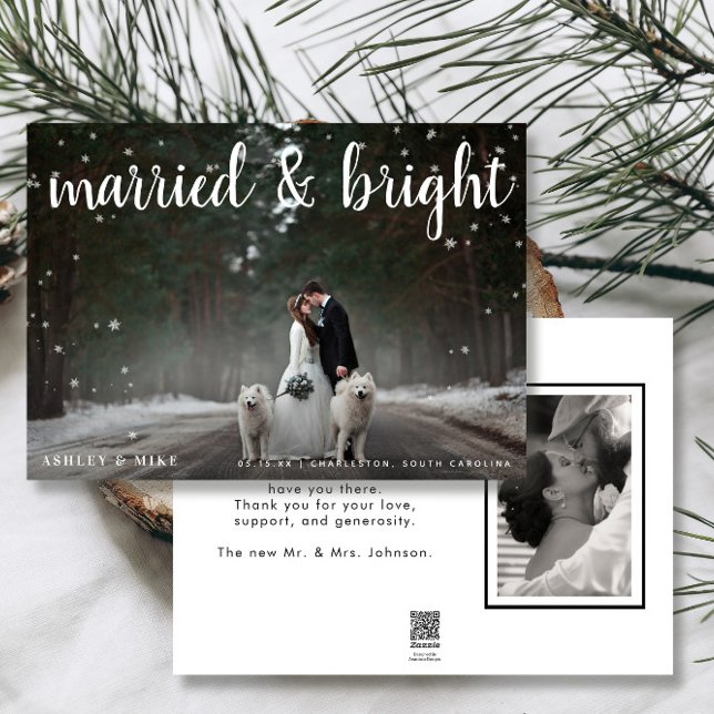 Tarjeta Festiva Nieve casada y brillante 2 foto Boda Gracias (Married & Bright! Share Our Christmas Wedding Joy 🎄💒 Easily personalized with photos & deets)