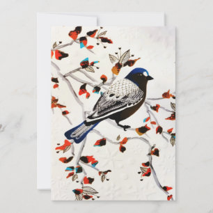 Tarjeta Festiva Nieve Copo de Nieve Rústico Dorado Pájaro de Invie