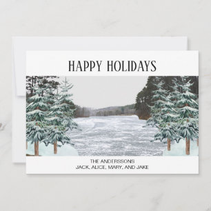Tarjeta Festiva Nieve cubierta Pine Trees Icy Lake Felices Fiestas