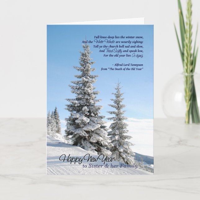 Tarjeta Festiva Nieve de Año Nuevo para hermana y poema familiar d (Anverso)