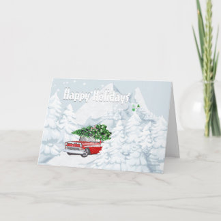 Tarjeta Festiva Nieve de coche vintage Chevrolet vacaciones árbol 
