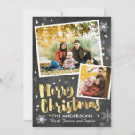 Tarjeta Festiva Nieve de oro de Chalkboard<br><div class="desc">Nuestra tarjeta de fotos de Navidad Chalkboard Gold Snow cuenta con un fondo de pizarra con acentos dorados y blancos de copos de nieve alrededor de dos marcos fotográficos. El guión dorado Merry Christmas message hace de ésta la tarjeta perfecta para desear a la familia y amigos una Feliz Navidad!...</div>