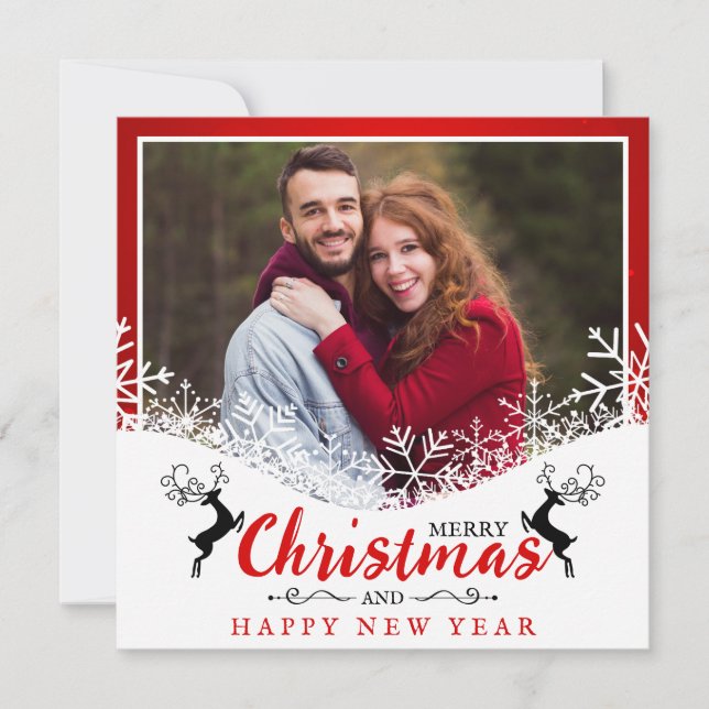 Tarjeta Festiva Nieve divertida roja y blanca: foto de esposa y es (Anverso)