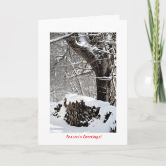 Tarjeta Festiva Nieve en la pila de madera
