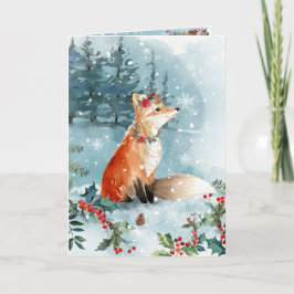 Tarjeta Festiva Nieve: Foxes Azul floral moderna
