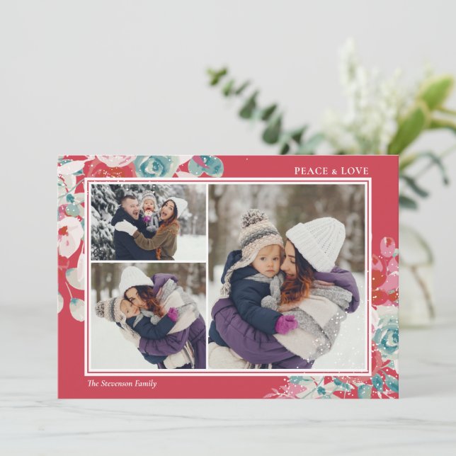 Tarjeta Festiva Nieve paz amor verde rojo flor 3 fotos (Anverso de pie)