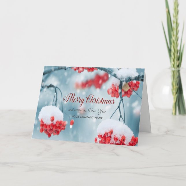 Tarjeta Festiva Nieve, ramas de árbol, saludo de Holly Berries Com (Anverso)