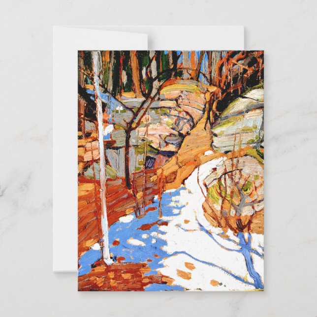 Tarjeta Festiva Nieve y rocas, pintura de Tom Thomson (Anverso)