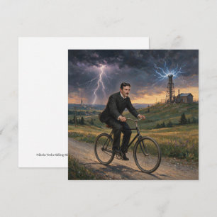 Tarjeta Festiva Nikola Tesla montando bicicleta hacia su laborator