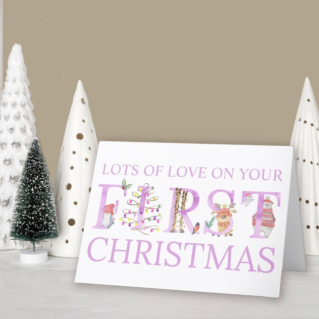 Tarjeta Festiva Niña bebé primer animal navideño personalizado (Baby Girl 1st Christmas Card. Buy professionally printed or as a printable digital download.)