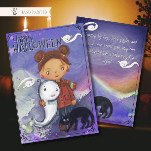 Tarjeta Festiva Niña Bonita, Fantasma y Gato Negro   Spooktacular 