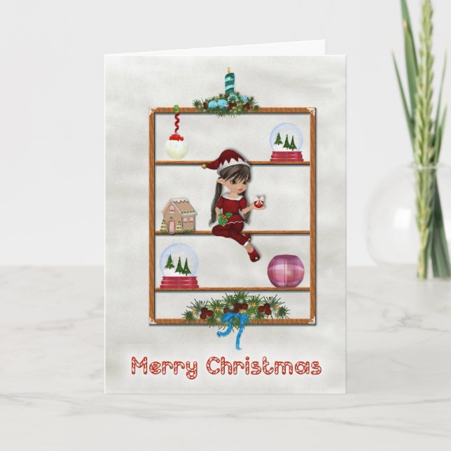 Tarjeta Festiva Niña bonito elfo en una estantería de un Curio (Anverso)
