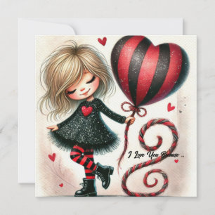 Tarjeta Festiva Niña caprichosa globo rojo con brillo en forma de
