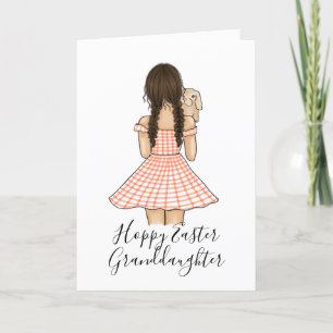 Tarjeta Festiva Niña con cuadros de gingham naranja llevando conej