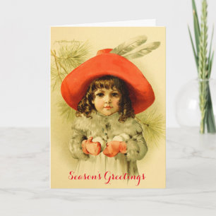 Tarjeta Festiva Niña con sombrero rojo jugando con bolas de nieve,