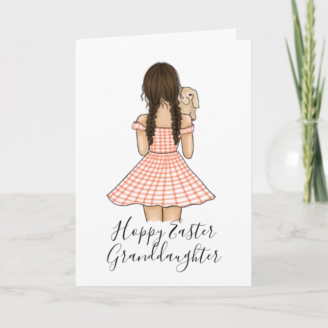 Tarjeta Festiva Niña con vestido de cuadros de gingham naranja lle (Anverso)