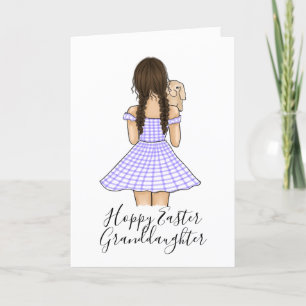 Tarjeta Festiva Niña en cuadros de gingham morado llevando conejo