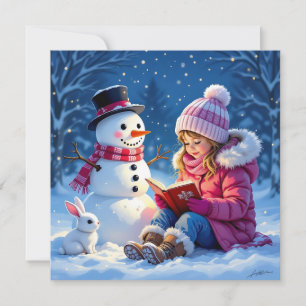 Tarjeta Festiva Niña leyendo una historia a un muñeco de nieve de