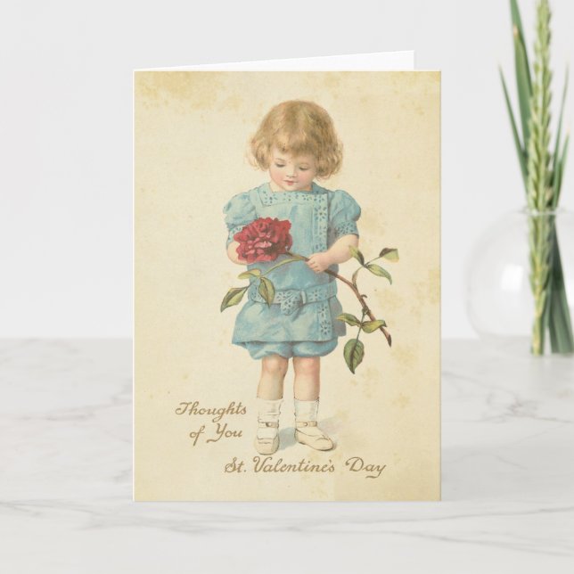 Tarjeta Festiva Niña linda del rosa rojo del el día de San (Anverso)