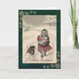 Tarjeta Festiva Niña Mascotas Vintage Snowflakes