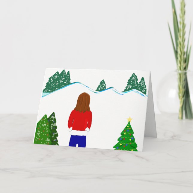 Tarjeta Festiva Niña mirando montañas nevadas (Anverso)